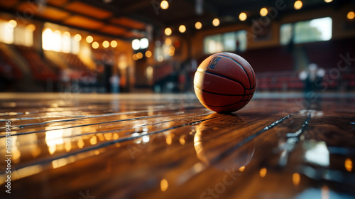 Artistic image of a basketball on the court floor.Generated by AI. © VNCXART