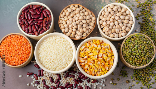 Different type of raw dry legumes composition. White beans, lentils, bulgur, chickpeas, kidney beans, corns, rice, Mix organic legume concept