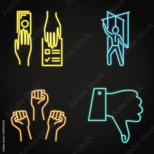 Corruption and unfair election neon icon set