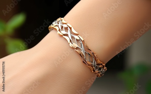 Japanese and korean style stainless steel women's bracelet model wearing picture. photo