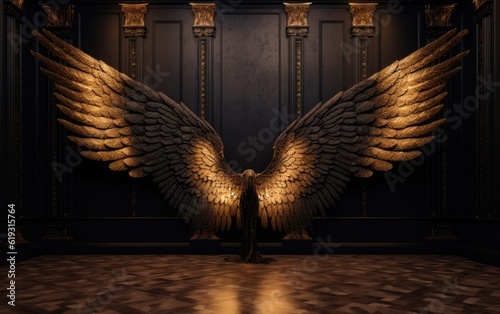 Ultra realistic and extra large black and gold angel wings with real feathers.