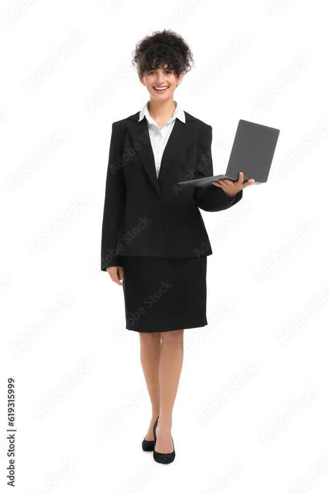 Beautiful happy businesswoman with laptop on white background Beautiful happy businesswoman with laptop on white background
