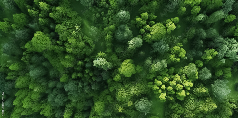 Aerial top view of summer green trees in forest. Mixed forest, green deciduous trees. Soft light in countryside woodland or park. Drone shoot above colorful green texture in nature. Generative AI.