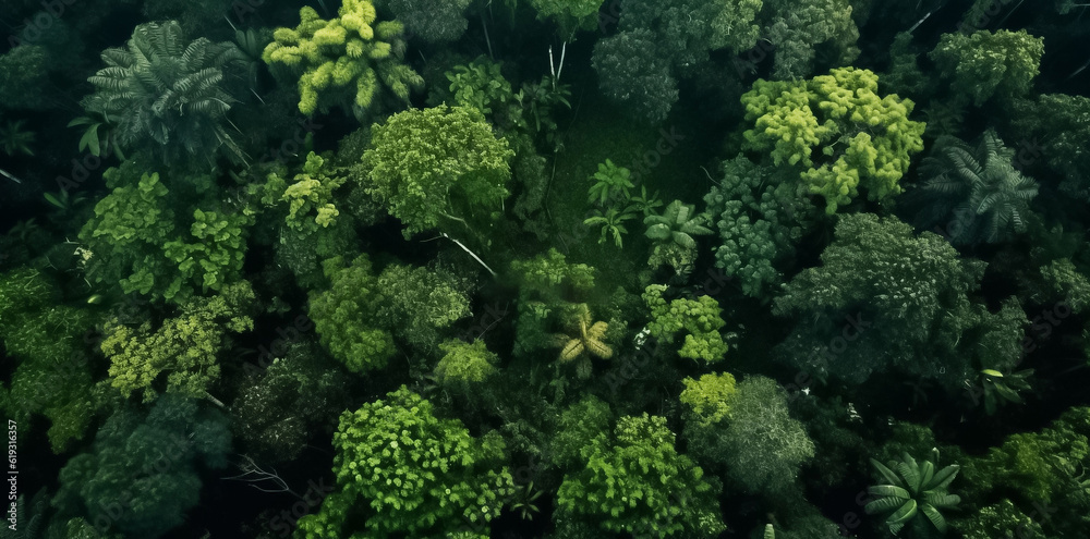 Aerial top view of summer green trees in forest. Mixed forest, green deciduous trees. Soft light in countryside woodland or park. Drone shoot above colorful green texture in nature. Generative AI.