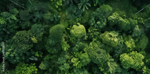 Aerial top view of summer green trees in forest. Mixed forest, green deciduous trees. Soft light in countryside woodland or park. Drone shoot above colorful green texture in nature. Generative AI. © Surachetsh