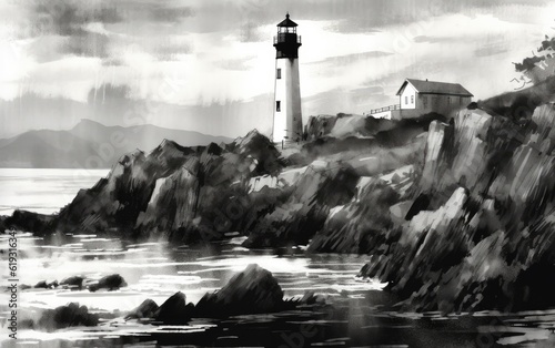 Black and white lighthouse on the coast of state.