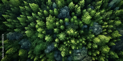 Aerial top view of summer green trees in forest. Mixed forest  green deciduous trees. Soft light in countryside woodland or park. Drone shoot above colorful green texture in nature. Generative AI.
