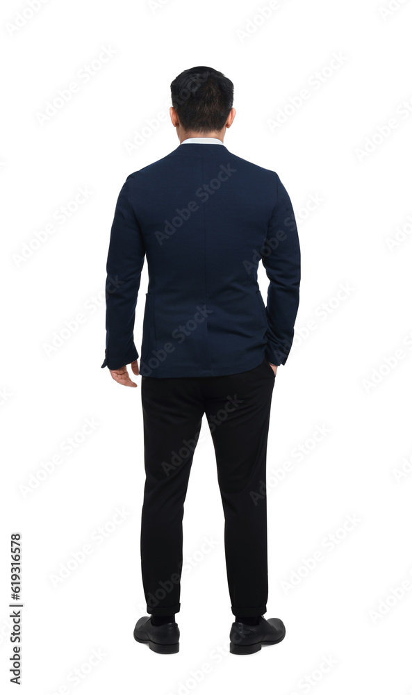 Businessman in suit posing on white background, back view Businessman in suit posing on white background, back view