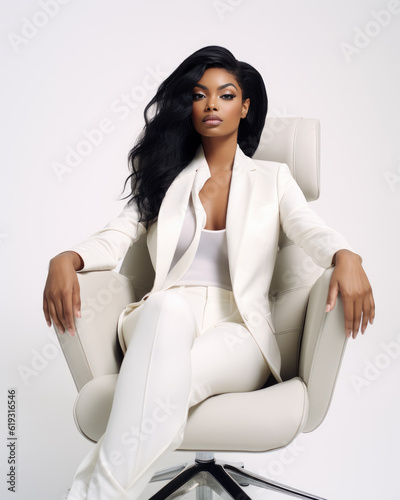 Generative AI - Avantgarde: A woman sitting provocatively in a white chair