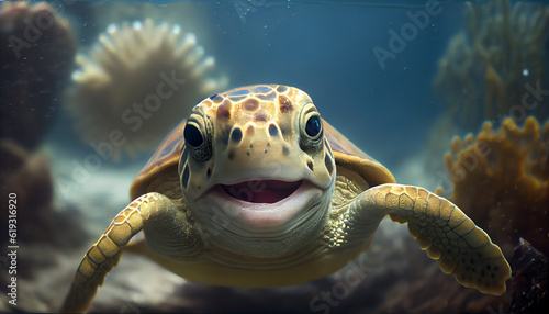 turtle swimming in the sea. Cute turtle smiling under the sea Ai generated image