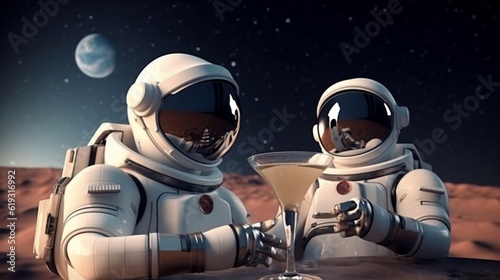 Two astronauts is drinking Cocktails in the open space. Generative AI