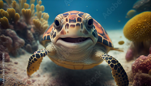 green turtle swimming. Cute turtle smiling under the sea Ai generated image