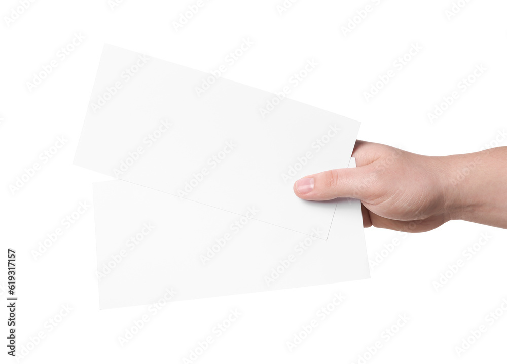 Woman holding flyers on white background, closeup. Mockup for design