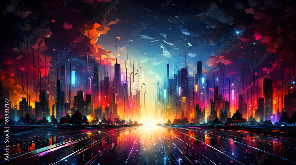 Night city with neon lights. Futuristic cityscape. illustration. generative ai