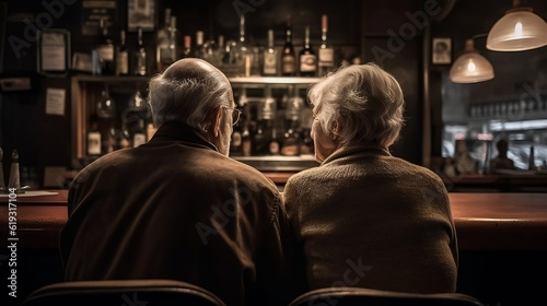 Back view senior couple in the bar. Generative AI