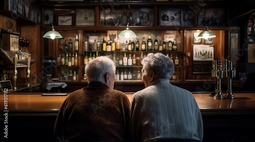 Back view senior couple in the bar. Generative AI