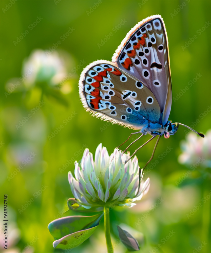 Obraz premium Wild flowers of clover and butterfly in a meadow in nature in the rays of sunlight in summer in the spring close-up