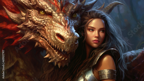 In a realm of dreams, a mesmerizing woman and a majestic dragon weave a tale of magic and heroism. AI generated