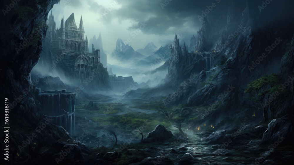 Fototapeta premium A gloomy mystical fantasy landscape with foggy castles and a river. AI generated