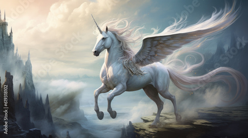 A magnificent and fantastical winged unicorn pegasus, soaring through the sky with grace and power, its wings glistening in the sunlight. AI generated