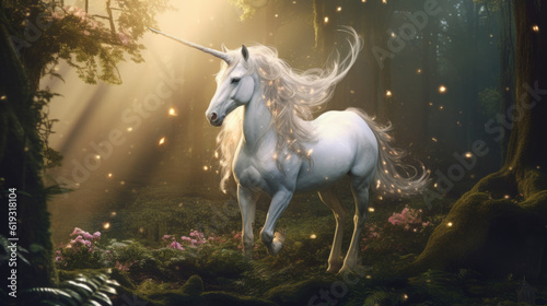 Photographie A mystical and graceful unicorn galloping through a mystical forest, its silver-white coat shimmering under the moonlight