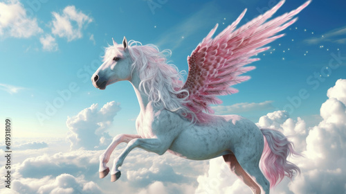 A breathtaking and ethereal pink pegasus with feathers, gliding through the clouds, embodying the spirit of freedom and magic. AI generated
