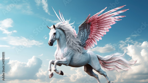 An enchanting and majestic winged horse with a shimmering silver coat  gracefully AI generated