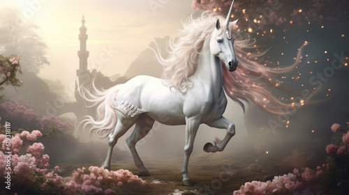 A beautiful and ethereal unicorn with a vibrant mane and a graceful horn, embodying the magic of dreams. pink mane AI generated