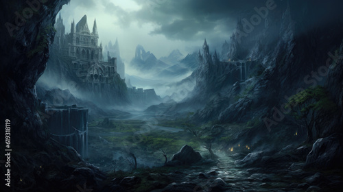 A gloomy mystical fantasy landscape with foggy castles and a river. AI generated