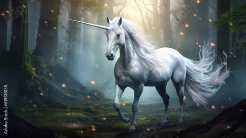 A majestic and enchanting fantasy unicorn with a flowing mane and horn  radiating magical aura. Magic Forest AI generated