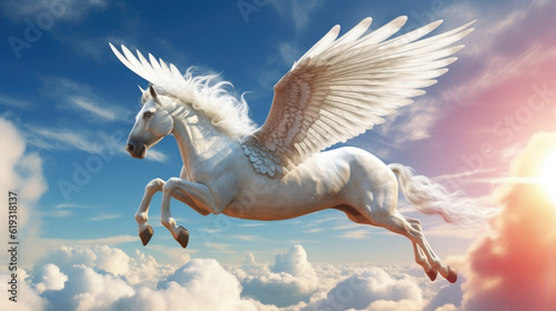 A mystical and powerful pegasus with iridescent wings  surrounded by a celestial glow  symbolizing the connection between the earthly and the divine. sunlight AI generated