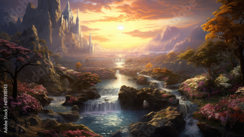 A surreal and ethereal mountain landscape with floating waterfalls, glowing crystals, and a celestial sky, merging fantasy and reality in a captivating way. AI generated © Valeriia