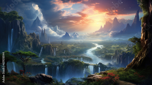 A captivating and enchanting fantasy landscape filled with vibrant colors, towering mountains, cascading waterfalls, and magical elements. AI generated