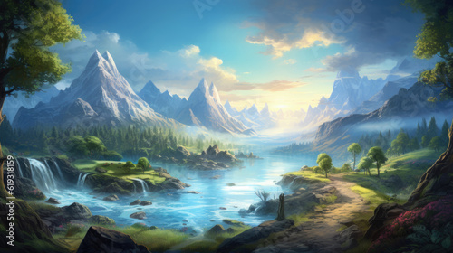 A mesmerizing and fantastical mountain landscape with a winding river, towering cliffs, and glowing flora, creating a sense of wonder and enchantment. AI generated