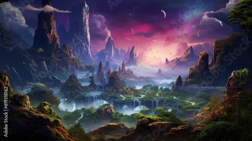 A mesmerizing and awe-inspiring fantasy mountain landscape, adorned with magical elements, cascading waterfalls, and an enchanting atmosphere. AI generated