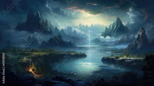 An awe-inspiring and mystical landscape featuring towering ancient trees  a mysterious mist  and glowing orbs of magic  evoking a sense of wonder and adventure. AI generated