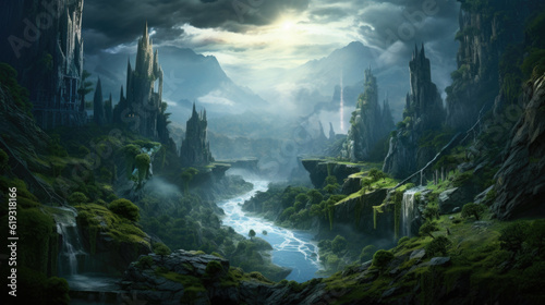 A magical and breathtaking landscape with ancient ruins  shimmering waterfalls  and a starry sky  hinting at the secrets and legends of a forgotten civilization. AI generated
