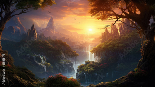 A fantastical and breathtaking landscape with crystal-clear lakes, majestic waterfalls, and a radiant sunset, painting the sky with vibrant hues. AI generated
