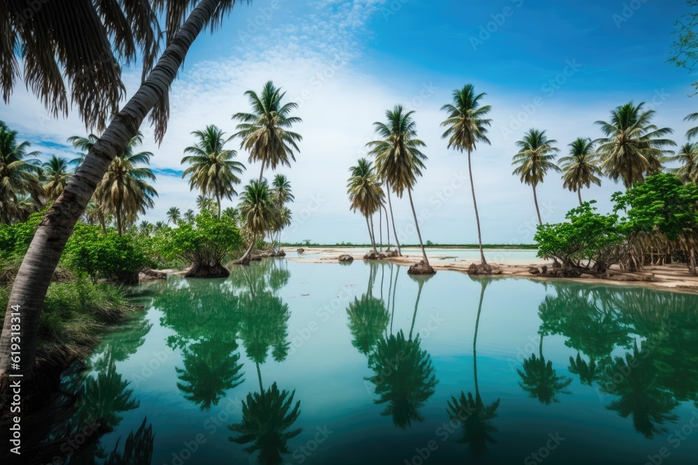 tropical pool oasis with lush palm trees and crystal clear water. Generative AI