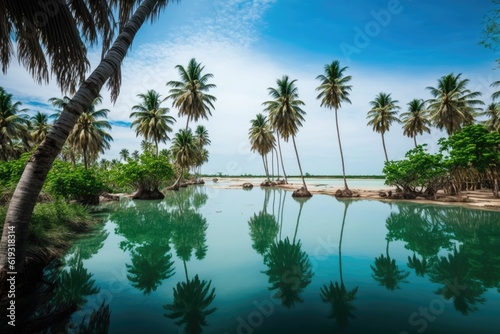 tropical pool oasis with lush palm trees and crystal clear water. Generative AI