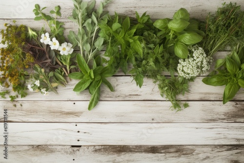 different herbs arranged on a rustic wooden board. Generative AI