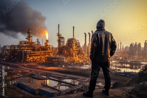 At back of the Workers engineer in Oil and gas industrial  Oil refinery plant from industry  Refinery Oil storage tank and pipe line steel. Non-existent person. Generative Ai