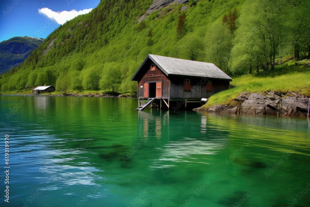 cozy cabin perched on a serene lake