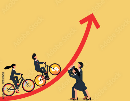 Businessman and woman changes the direction of the arrow. cooperation to improve and raising performance concept