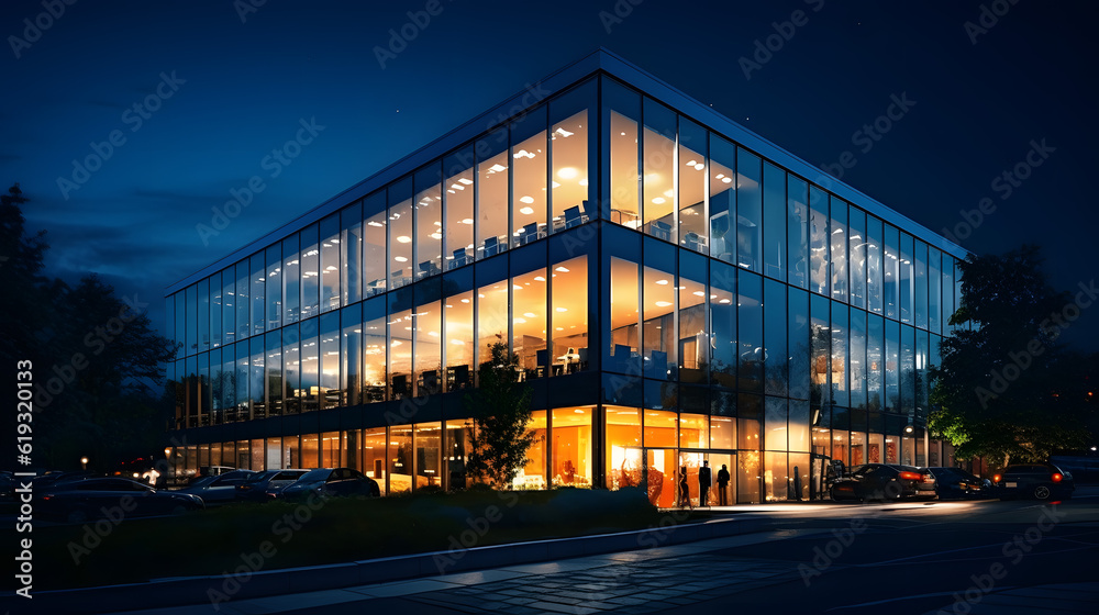 A bright white light office building at night made with ai generative A bright white light office building at night made with ai generative