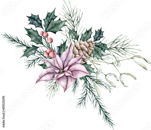 Christmas bouquet of red poinsettia flower, Mistletoe or Viscum, pine cone, ilex, holly twig with berries and emerald spruce branch, evergreen tree, fir, cedar. Hand painted watercolor flower