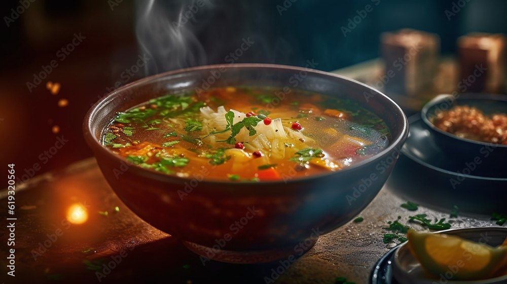 An enticing shot of a steaming bowl of homemade soup, showcasing the rich colors and textures of the ingredients. made with ai generative An enticing shot of a steaming bowl of homemade soup, showcasing the rich colors and textures of the ingredients. made with ai generative