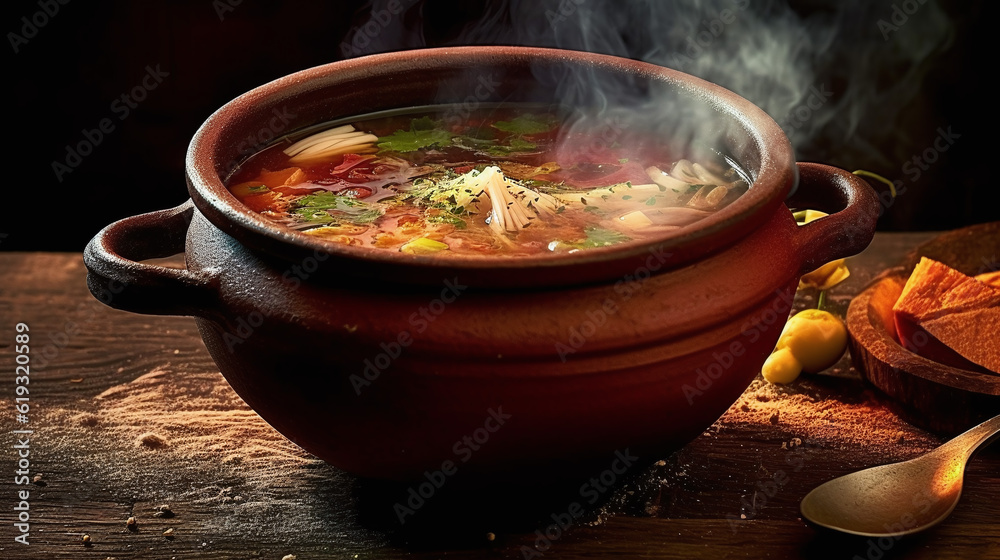 An enticing shot of a steaming bowl of homemade soup, showcasing the rich colors and textures of the ingredients. made with ai generative An enticing shot of a steaming bowl of homemade soup, showcasing the rich colors and textures of the ingredients. made with ai generative