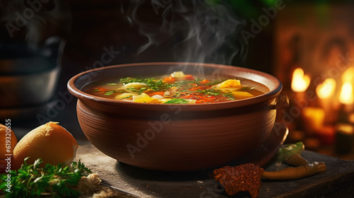 Fototapeta Naklejka Na Ścianę i Meble -  An enticing shot of a steaming bowl of homemade soup, showcasing the rich colors and textures of the ingredients. made with ai generative