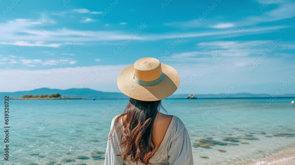 Woman on a summer beach vacation. generative ai